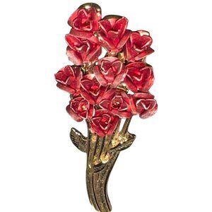 Vintage Red Rose Bouquet Brooch Pin In Original Gift Box